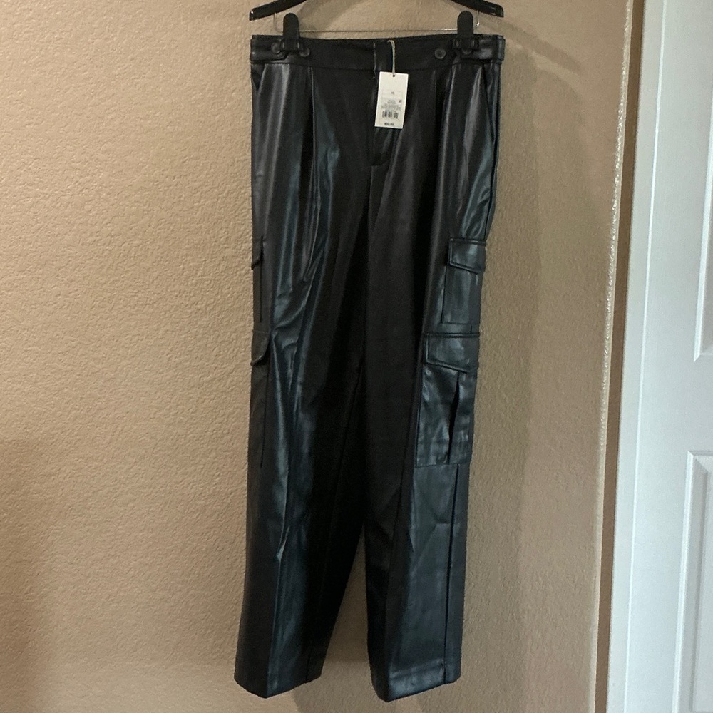 Black faux leather cargo pants